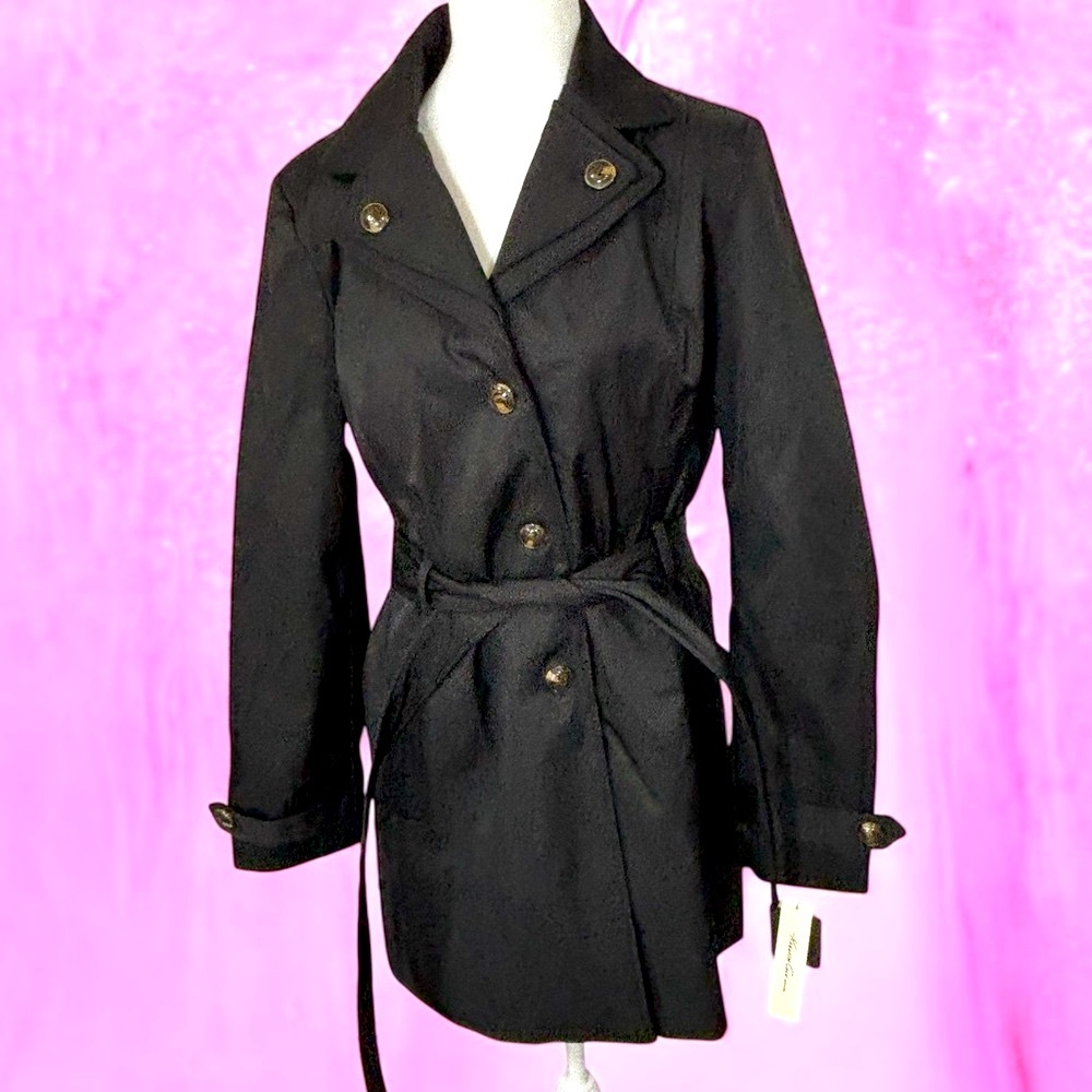 Kenneth Cole Black Trench Coat with Belt and Lapel. Size XL. NWT. Beautiful.
